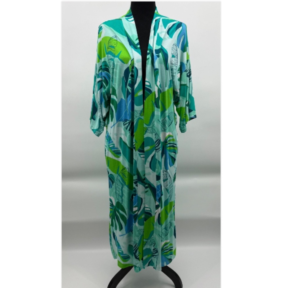 Coco Moon Hawaii Mom Cozy Robe M/L Maternity Monsterra Blue Green Stretch